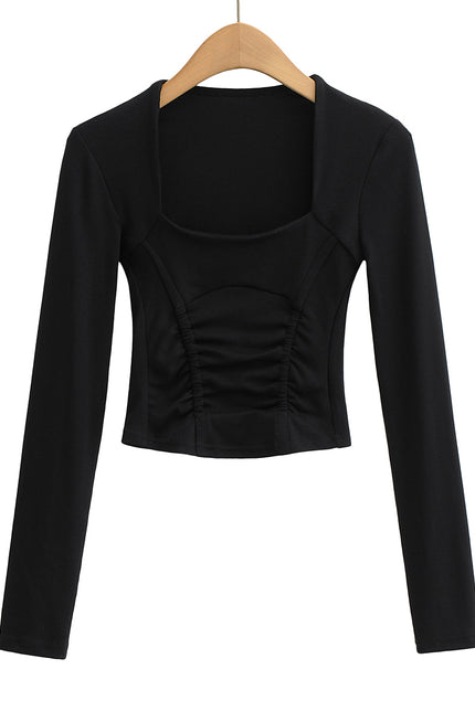 5 Colorway square Collar Solid Color Front Pleated Long Sleeve Casual Women's T-shirt