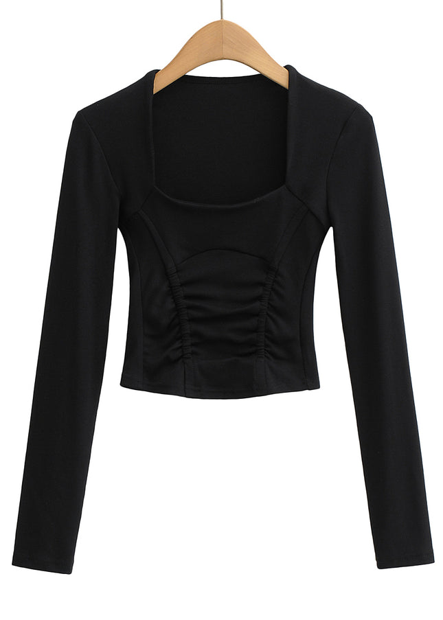 5 Colorway square Collar Solid Color Front Pleated Long Sleeve Casual Women's T-shirt