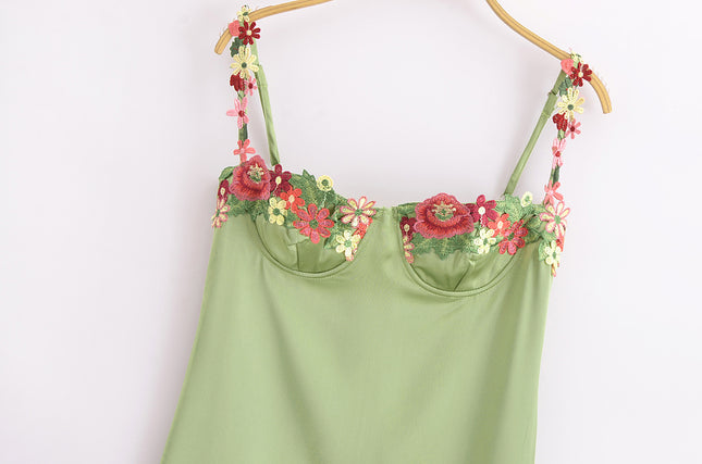 Green Color Floral Embroidery Spaghetti Strap Hot Sale Casual Fashion Summer Long slip Dress for Women