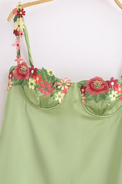 Green Color Floral Embroidery Spaghetti Strap Hot Sale Casual Fashion Summer Long slip Dress for Women