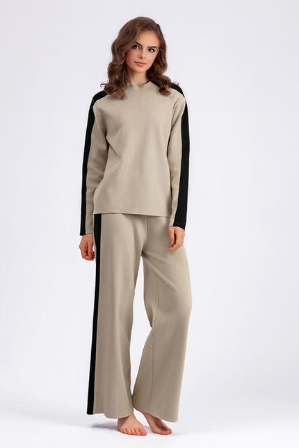 Autumn/winter Cross Border Half High Neck Sweater Contrast Splice Cropped Pants Fashion Women's Two Piece Set