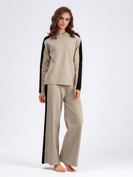 Autumn/winter Cross Border Half High Neck Sweater Contrast Splice Cropped Pants Fashion Women's Two Piece Set