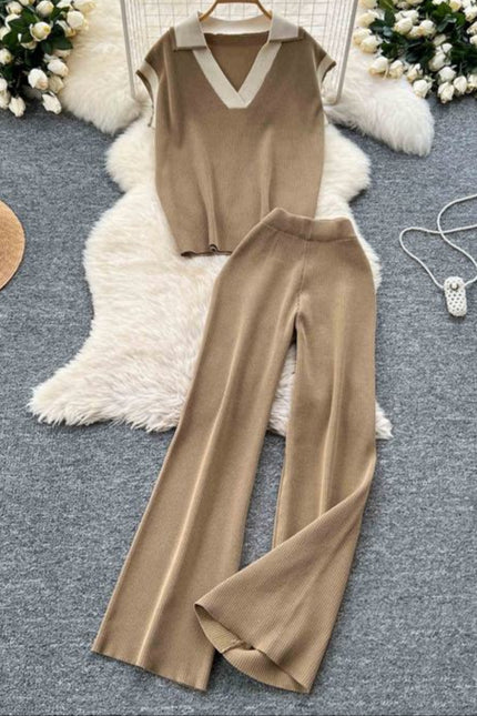 Two-piece Summer Outfit Sleeveless Knitted Top Retro Color-blocking Turn-down Collar and High Waist Wide Leg Trousers