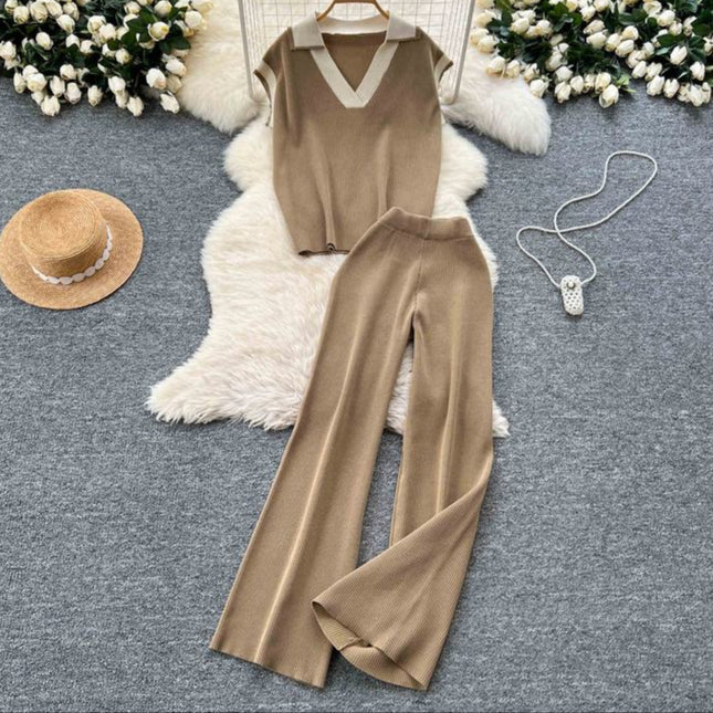 Two-piece Summer Outfit Sleeveless Knitted Top Retro Color-blocking Turn-down Collar and High Waist Wide Leg Trousers