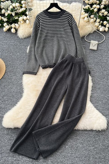 Women Knitwear 2 Piece Set T-shirt + Long Pants Suits Sports Outwear Striped Loose Lady Knitting Sweater Suits