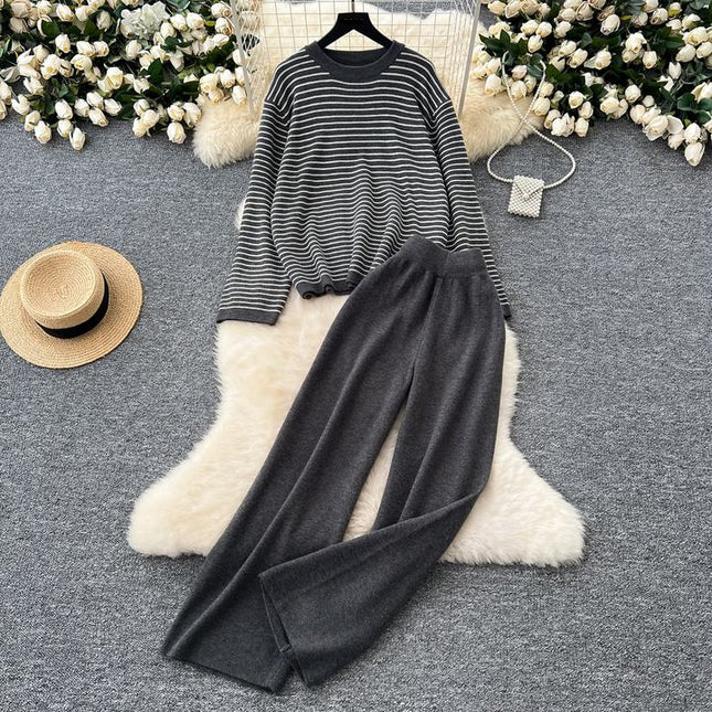 Women Knitwear 2 Piece Set T-shirt + Long Pants Suits Sports Outwear Striped Loose Lady Knitting Sweater Suits