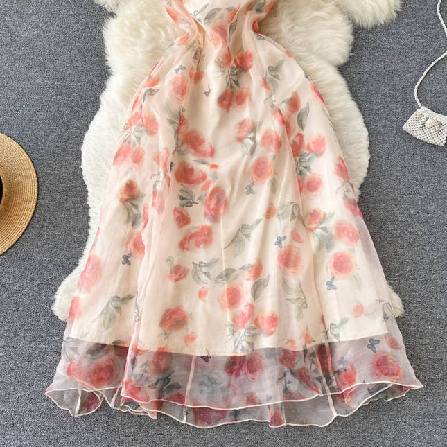Vestido de verão feminino, praia resort vestido de pescoço com estampa francesa vestido de alcinha