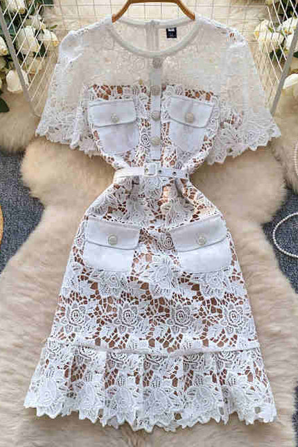 2025 Short Sleeved Dress with Hollow Embroidery Design for Women's Summer Mid Length Skirt