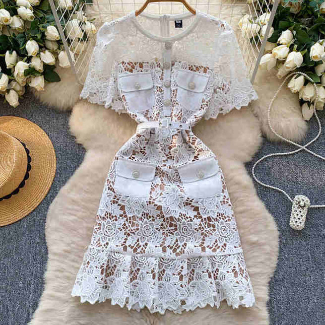 2025 Short Sleeved Dress with Hollow Embroidery Design for Women's Summer Mid Length Skirt