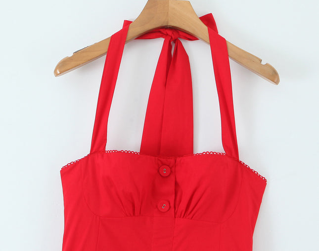 3 Colorway Back Hollow Out Red Color Sleeveless Casual Fashion Summer Long Halter Dress for Women