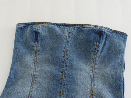 Denim Blue Color Strapless Back Zipper Fly Casual Fashion Women Crop tank Top