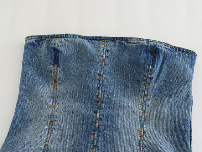 Denim Blue Color Strapless Back Zipper Fly Casual Fashion Women Crop tank Top