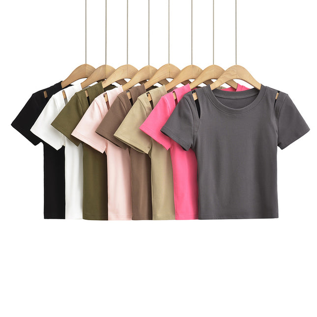 8 Colorway Front Hollow Out Short Sleeve Crew Neck Casual Fashion Women's T-shirt