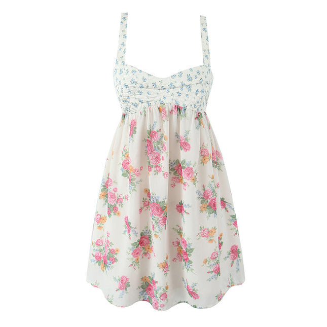 Patchwork Design Multi Color Floral Print Shoulder Strap Hot Sale Casual Fashion Mini slip Dress for Ladies