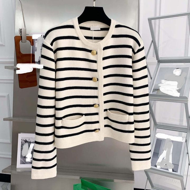 Round Neck Color Clashing Striped Knitted Cardigan Women Spring Autumn French Loose Short Sweater Jacket