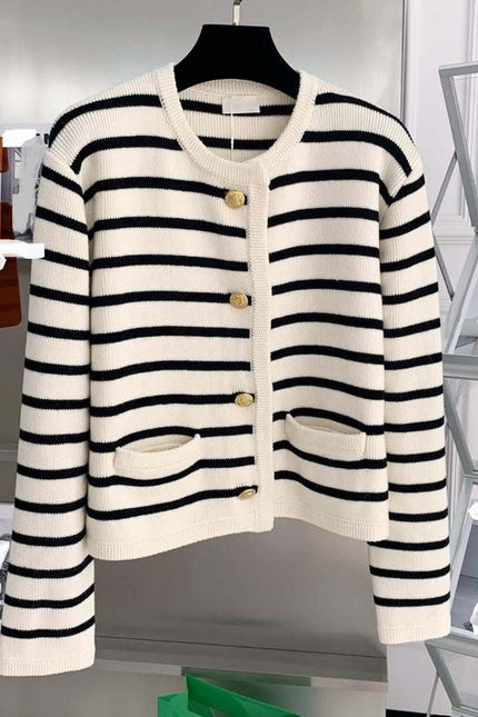 Round Neck Color Clashing Striped Knitted Cardigan Women Spring Autumn French Loose Short Sweater Jacket