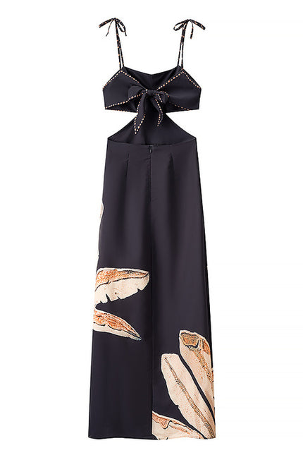 Waist Hollow Out Floral Print Multi Color Spaghetti Strap Casual Fashion Long slip Dress for Women