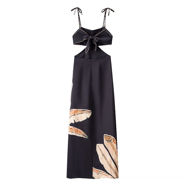 Waist Hollow Out Floral Print Multi Color Spaghetti Strap Casual Fashion Long slip Dress for Women