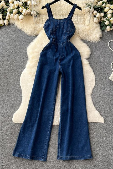 Retro Spice Style Halter Top Denim Jumpsuit Women's Summer Waist Slim-Fit Wide-Leg Pants