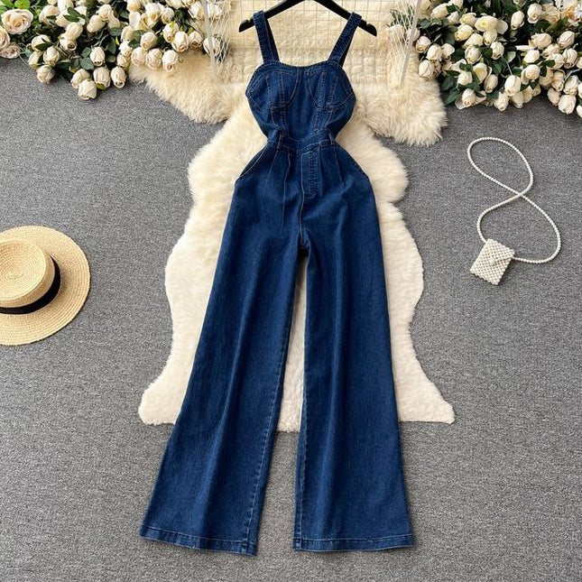 Retro Spice Style Halter Top Denim Jumpsuit Women's Summer Waist Slim-Fit Wide-Leg Pants