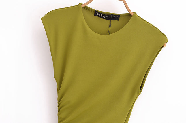 Waist Hollow Out Sleeveless Crew Neck Green Color Pleated Casual Fashion Summer Maxi Dress for Women