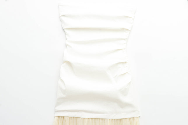 Strapless White Beige Color Patchwork Design Causal Fashion Long Summer Dress for Women