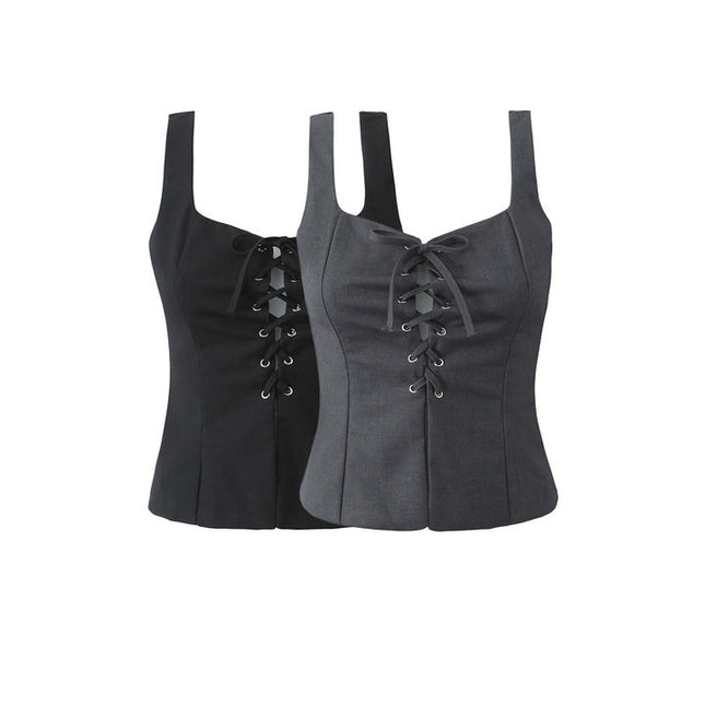 2 Colorway Front Lace up Solid Color Shoulder Strap Casual Fashion Women's tank Tops