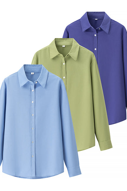3 Colorway Turn Down Collar Long Sleeve Buttons up Solid Color Casual Fashion Tops Blouse for Women