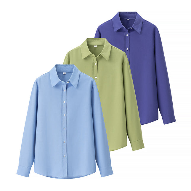 3 Colorway Turn Down Collar Long Sleeve Buttons up Solid Color Casual Fashion Tops Blouse for Women