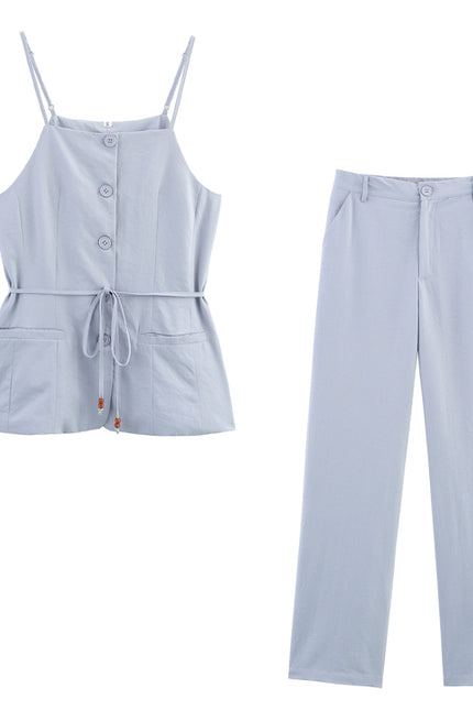 Blue Color Buttons up Spaghetti Strap Sashes Casual Fashion Women's tank Tops