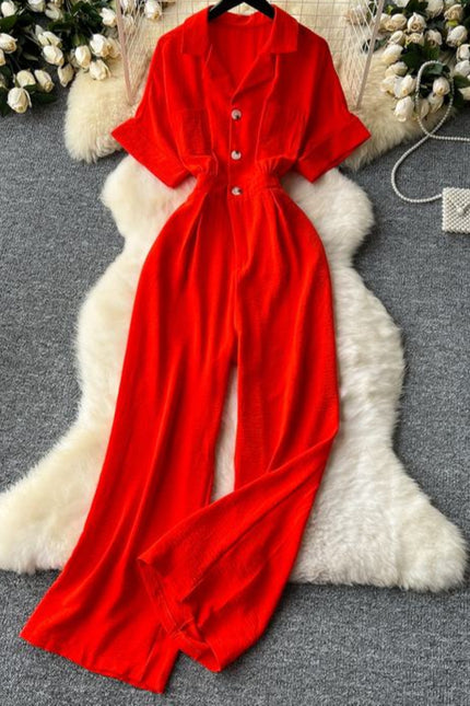 Summer Women's New Jumpsuit Lapel Short Sleeve High Waist Casual Jumpsuit