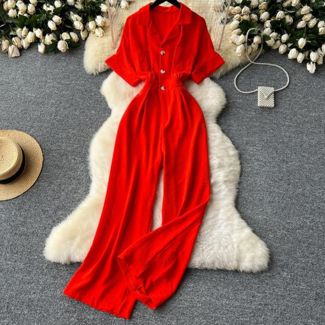 Summer Women's New Jumpsuit Lapel Short Sleeve High Waist Casual Jumpsuit