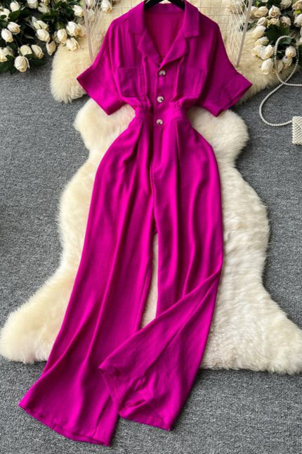 Summer Women's New Jumpsuit Lapel Short Sleeve High Waist Casual Jumpsuit