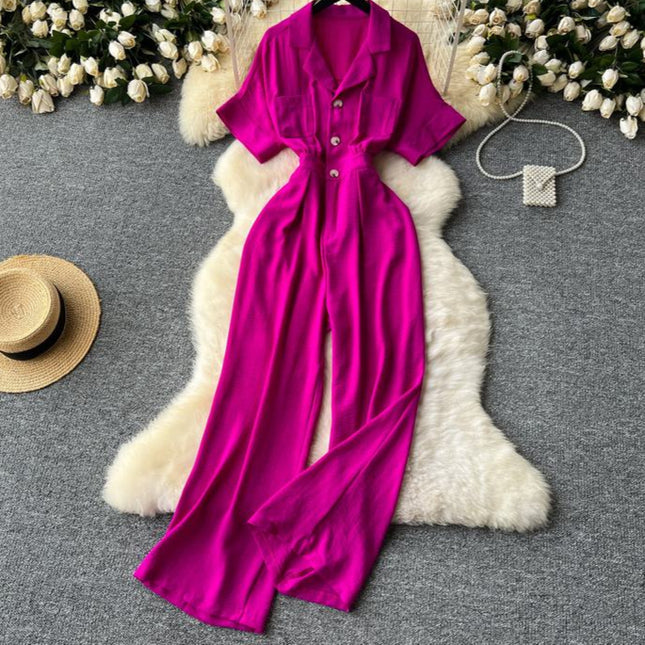 Summer Women's New Jumpsuit Lapel Short Sleeve High Waist Casual Jumpsuit