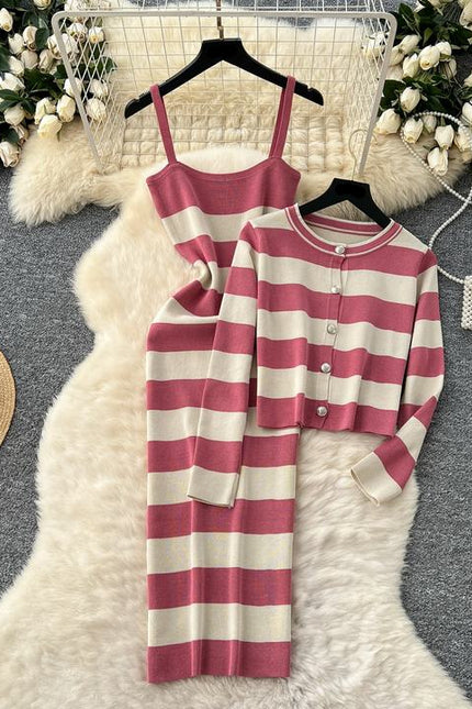Striped Cardigan Coat Two-piece Dress for Women Vintage Charm Elegant Temperament Slimming Effect Sexy Form-fitting Maxi Dress