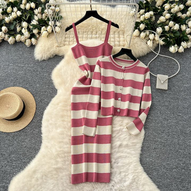 Striped Cardigan Coat Two-piece Dress for Women Vintage Charm Elegant Temperament Slimming Effect Sexy Form-fitting Maxi Dress