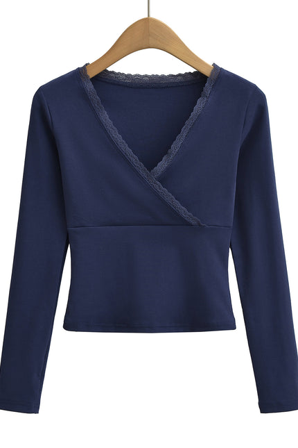 V Neck Long Sleeve Solid Color Lace Casual Fashion t Shirt for Women