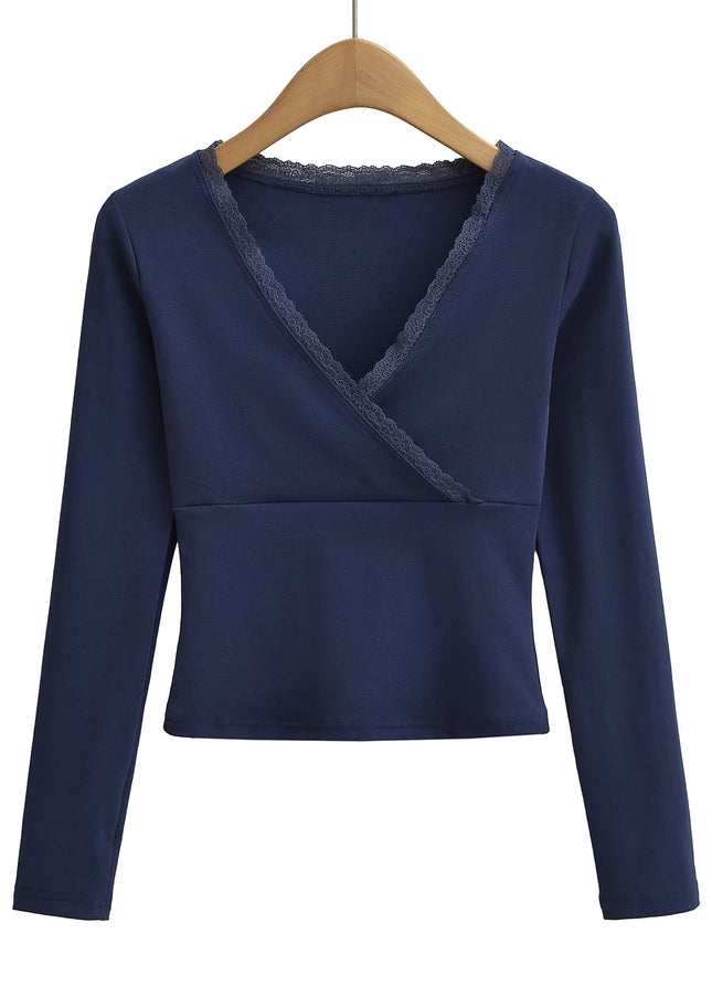 V Neck Long Sleeve Solid Color Lace Casual Fashion t Shirt for Women