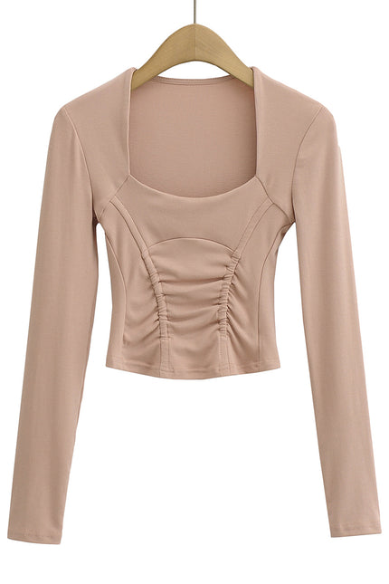 5 Colorway square Collar Solid Color Front Pleated Long Sleeve Casual Women's T-shirt