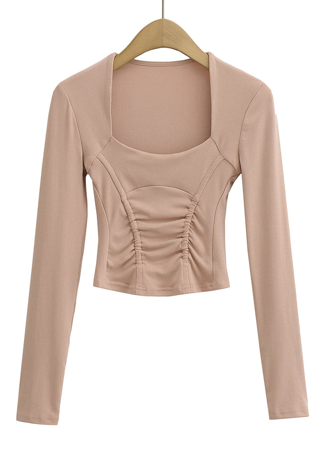 5 Colorway square Collar Solid Color Front Pleated Long Sleeve Casual Women's T-shirt