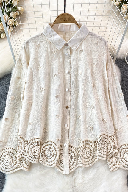 Spring and Autumn Fashion Long Sleeve Stereoscopic Flower Lace Splicing Shirt Women's Casual Tops