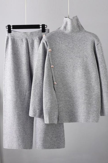 Design Sense Niche Stand Neck Split Knit Turtleneck Women's Winter Thermal Age Reduction Casual Wide Leg Pants Two Pieces