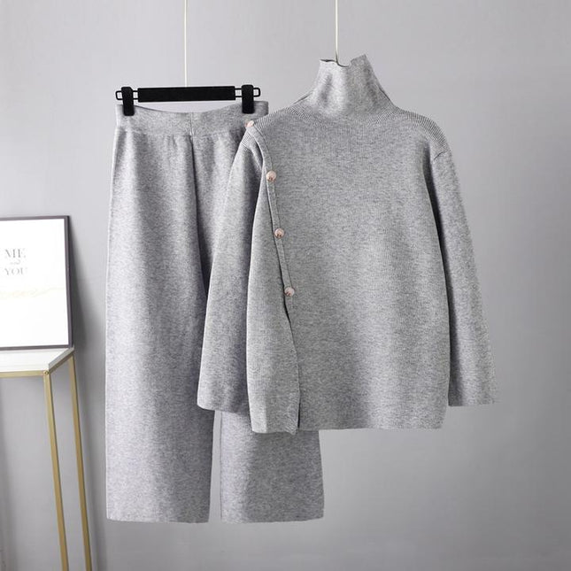 Design Sense Niche Stand Neck Split Knit Turtleneck Women's Winter Thermal Age Reduction Casual Wide Leg Pants Two Pieces