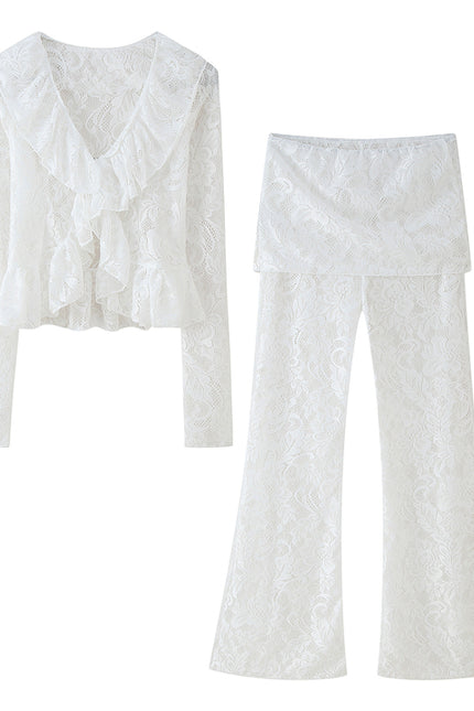 V Neck White Color Floral Lace Front Ruffle Long Sleeve Casual Fashion Tops Blouse for Women