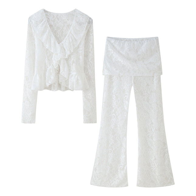 V Neck White Color Floral Lace Front Ruffle Long Sleeve Casual Fashion Tops Blouse for Women