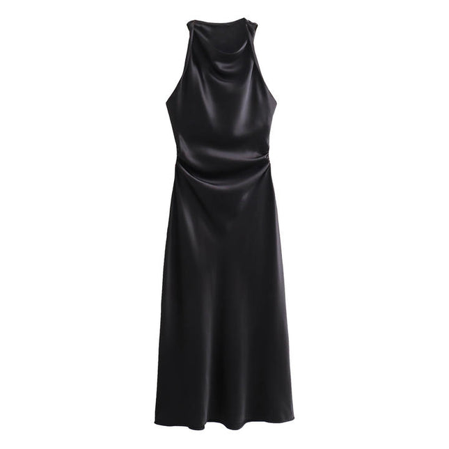 9 Colorway Solid Color Sleeveless Pleated Silky Casual Fashion Summer Dress for Women
