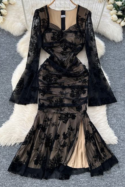 French Vintage Elegant Dresses Women Premium Pleated Slim Split Lace Ruffle Long Dresses