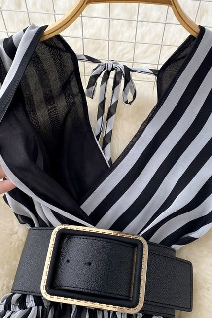 Fashion V-Neck Chiffon Stripes Summer New Sleeveless Wide Leg Long Pants Jumpsuit
