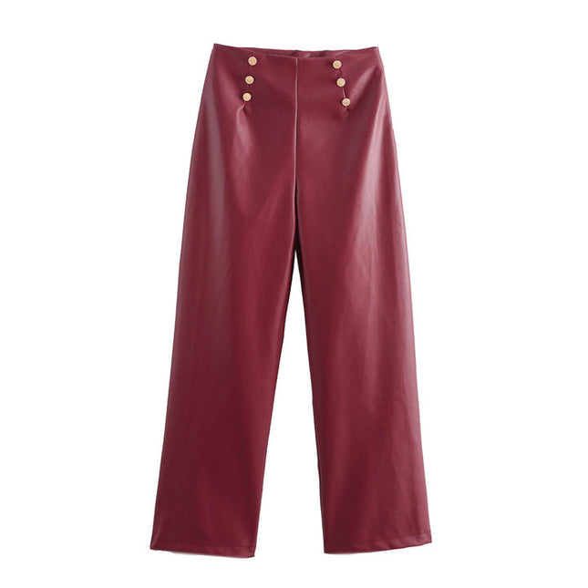 Strapless Burgundy Color Crop tank Top Front Buttons Long Pants Casual Fashion Women 2 Piece Set