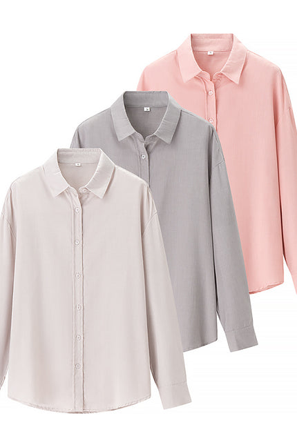 3 Colorway Solid Color Long Sleeve Buttons up Turn Down Collar Casual Fashion Tops Blouse for Women